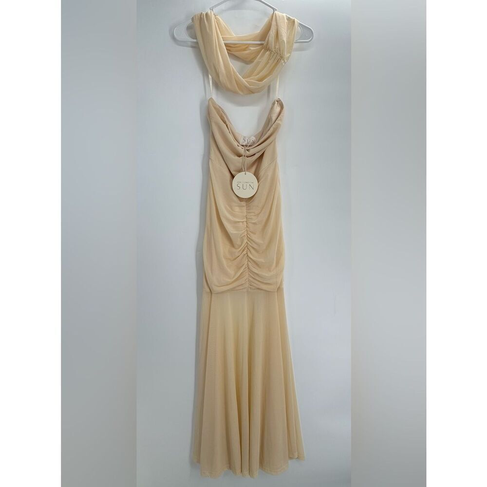 Here Comes The Sun Yellow Ruched Mesh Maxi Strapless Dress with Scarf Size Small
